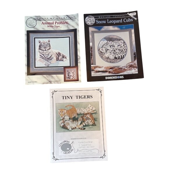 Tiger Cross Stitch Patterns Lot Of 3 Tiny Tigers, White Tiger, Snow Leopard Cubs - Picture 1 of 6